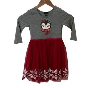 Zunie Girls Penguin Holiday Dress Gray Red Tulle Skirt Snowflake Size 5